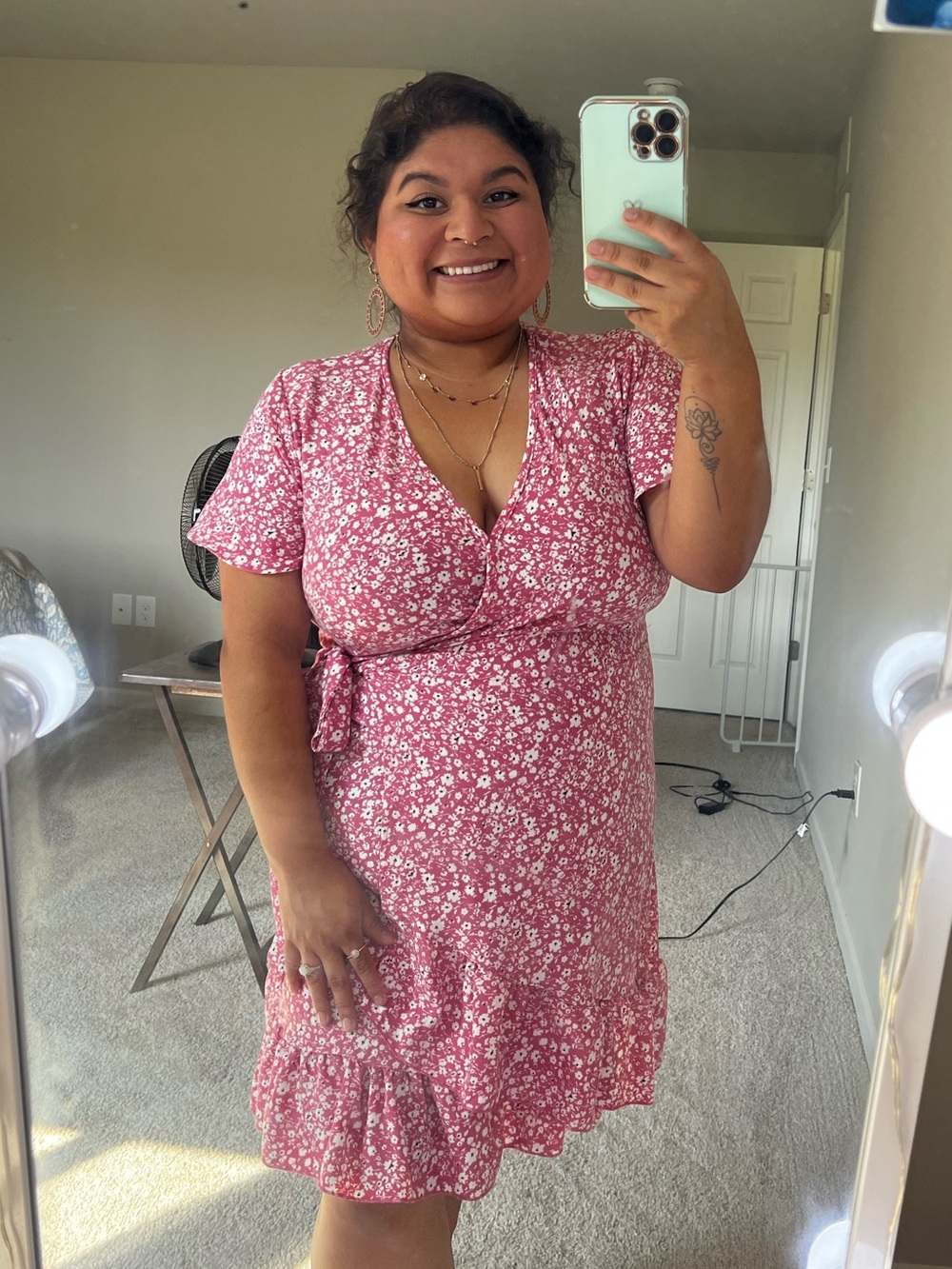 Women’s Pink Floral Wrap Mini Dress with Tie Waist